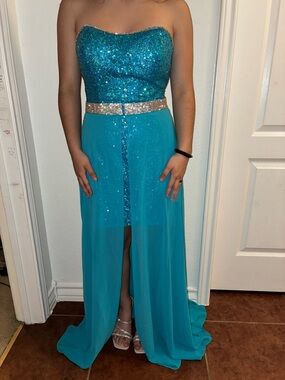 Strapless Sequin & Chiffon Prom Gown in Teal with detachable skirt